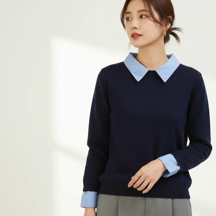 누보마켓 여성 셔츠카라 니트 긴팔 레이어드 오피스룩 가을 겨울 데일리