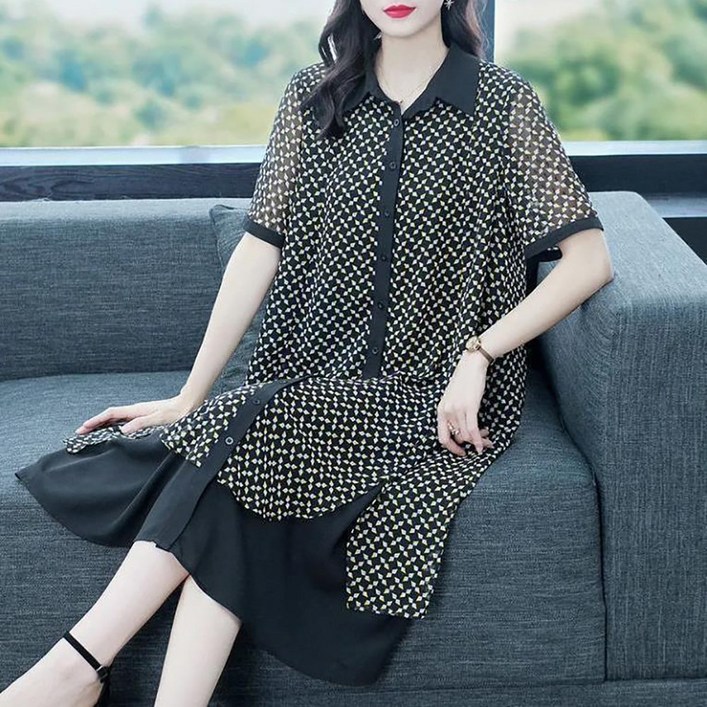 MOSAIRATION여성 소프트 카라넥 쉬폰 원피스 오버핏 반팔 패치워크 중년여성 데일리 미디 원피스 U0022007