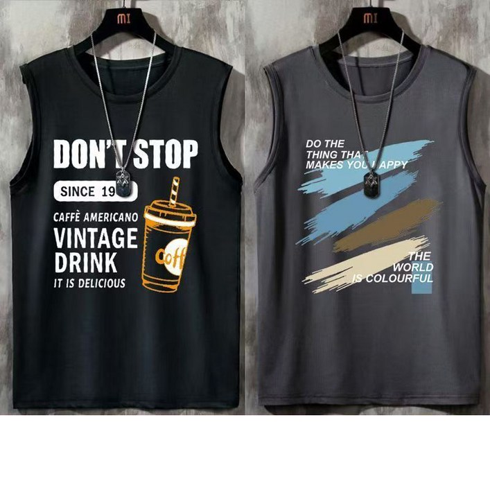 1+1 남자 민소매 티셔츠 빅사이즈 루즈핏 프린트 민소매티 2P 캐주얼 여름 남성 민소매 나시상의 CJJ