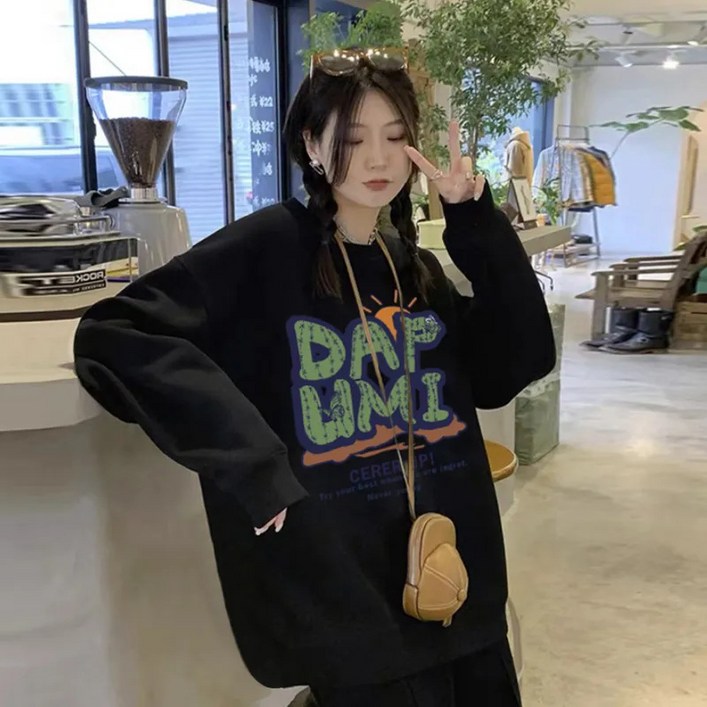 ANYOU 여성 레터링  긴팔 풀오버  방한 티셔츠 오버핏 기모 맨투맨