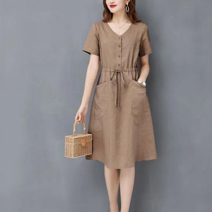 ANYOU 여성 여름원피스 반팔 하객 루즈핏 미디원피스 휴양지 브이넥 빅사이즈원피스