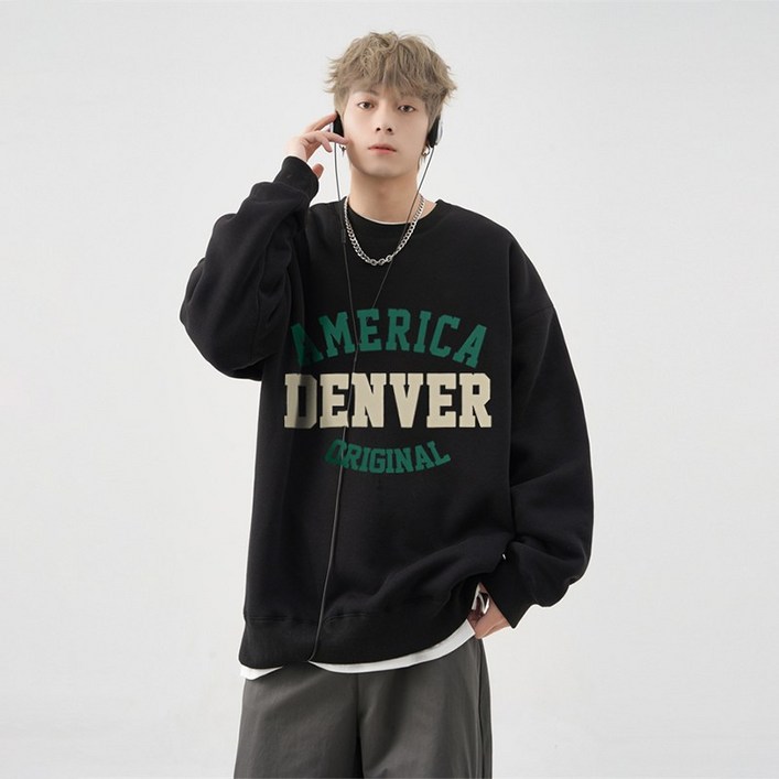 FONOW 가을 겨울 남녀공용 덴버 스탠다드핏 오버핏 맨투맨 티셔츠