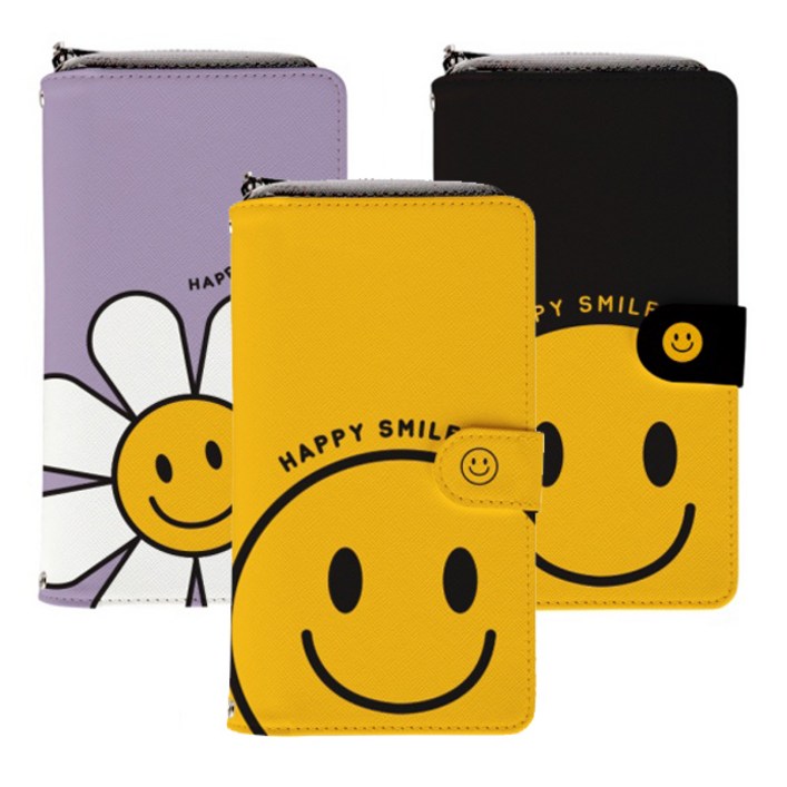 kk 스마일 지퍼 월렛형 다이어리 핸드폰 케이스 갤럭시 노트 20 10 9 8 S24 S23 S22 S22 S21 울트라 플러스 A33 S23 S20 fe s10 5g 커버