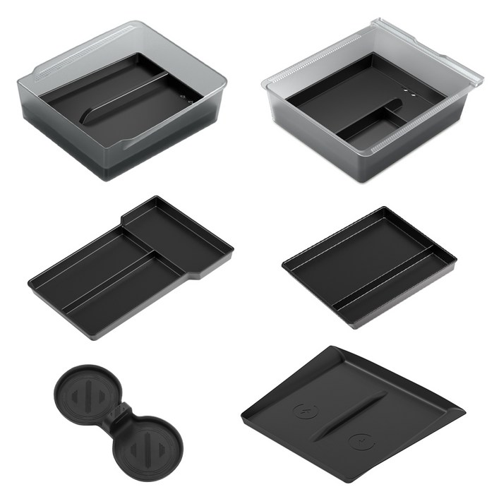 SUMK 테슬라 모델Y 주니퍼모델3 하이랜드 적용 팔걸이 박스 및 센터 콘솔 위치 수납 정리함 및 보관 트레이, 실리콘 물컵 받침, 무선 충전 실리콘 패드 6in1 세트 악세사리, Model 3 Highland 투명 검은색