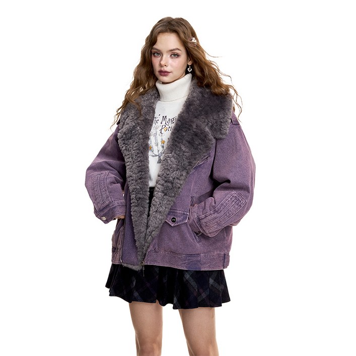 ELFSACK 여성 퍼 카라 데님 숏 재킷 라벤더 컬러 블록 데일리 캐주얼 아우터 루즈핏 자켓