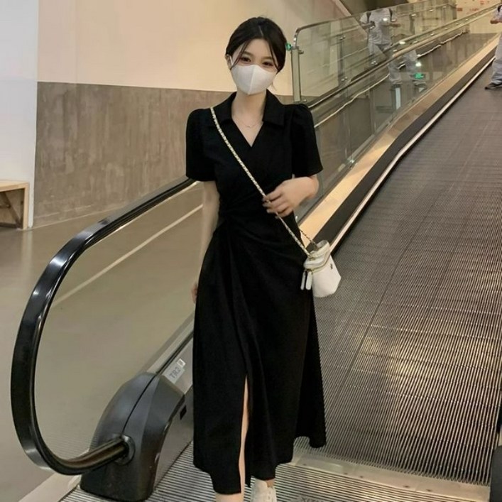 Beijie여성용 여름 브이넥 셔링 랩 원피스 트임 롱 드레스 하객룩 데일리룩 XX29