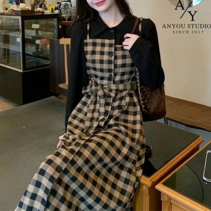 ANYOU 빈티지 시크 체크 원피스 여중 롱 년 가을 겨울 긴팔 페이크 투피스 롱스커트