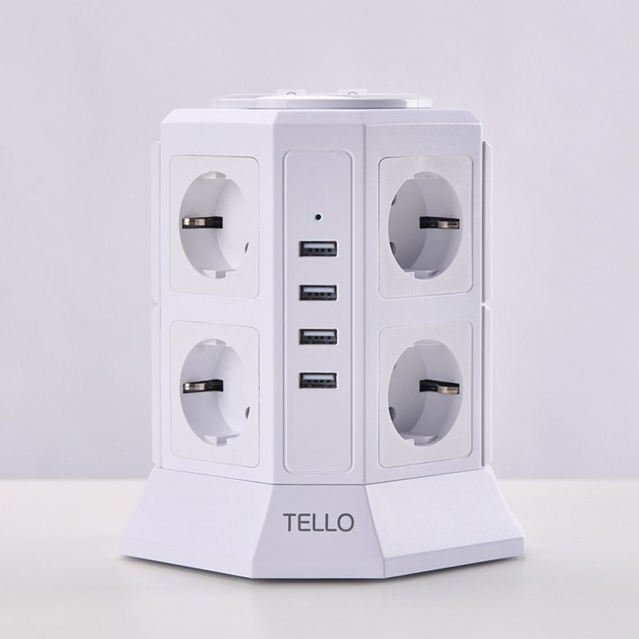텔로 과부하차단 USB 타워 멀티탭 화이트 12구/17구 - 스마트 서지 보호 PA66 고급 소재, KC인증 접지 안전 고용량 멀티탭, 선정리 가능한 인테리어용 예쁜 디자인 콘센트