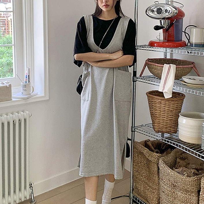 엘리즈데이 양브이포켓면멜빵원피스 여름 레이어드 넉넉한핏 면혼방 데일리 원피스 민소매