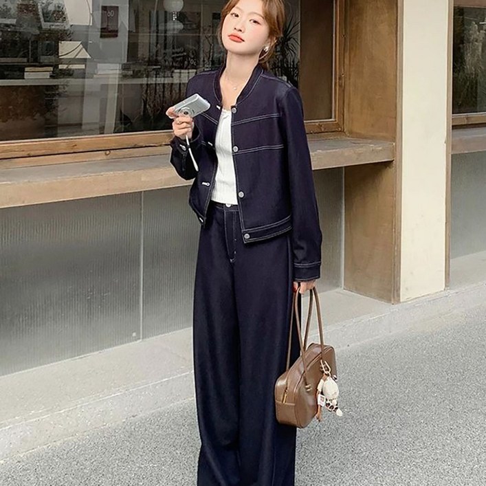 지고다그 여성용 봄여름용 고급스러운 투피스 데님 세트 자켓 와이드 팬츠 상하의 셋업 캐주얼 통바지 세련된 룩 ZK6320