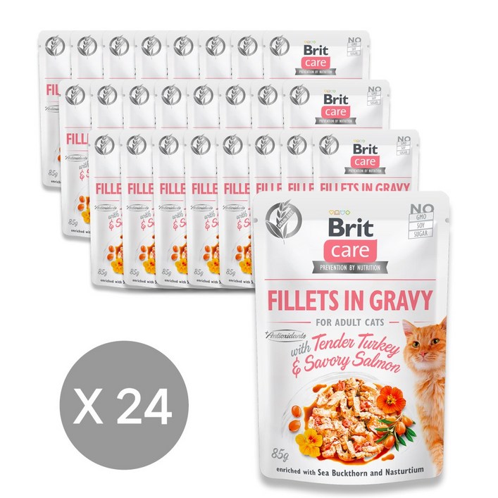 브릿 케어 캣 그레이비 파우치 고양이 주식 습식사료, 칠면조+연어, 85g, 24개