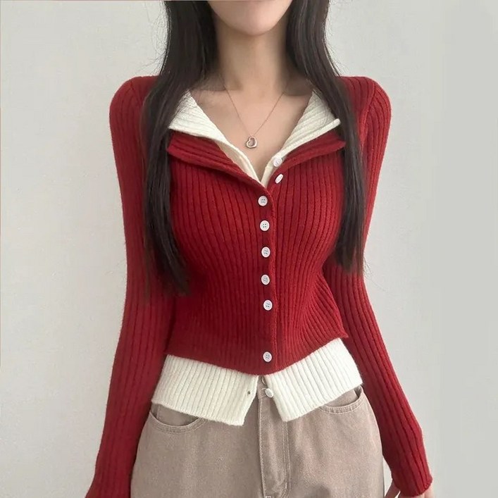 쪼예 투톤 배색 레이어드 긴팔 크롭 니트 가디건