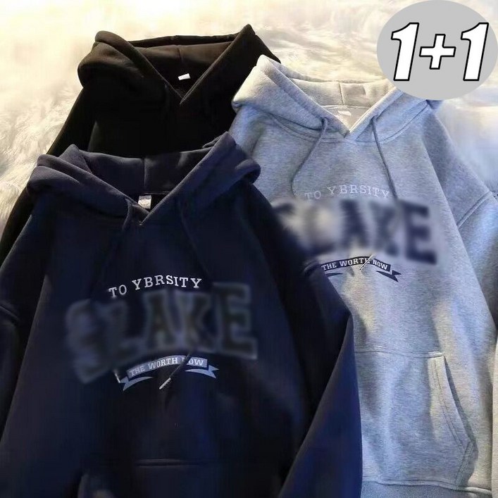 1+1 남녀 오버핏 기모후드티 레터링 따뜻한 커플맨투맨 빅사이즈 가을겨울 긴팔티셔츠 상의