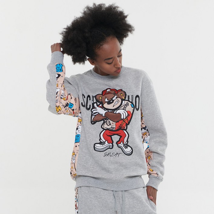 무니크영 F11059  남녀공용 빅사이즈 프린트 자수 패치 오버핏 애니메이션 베어 맨투맨