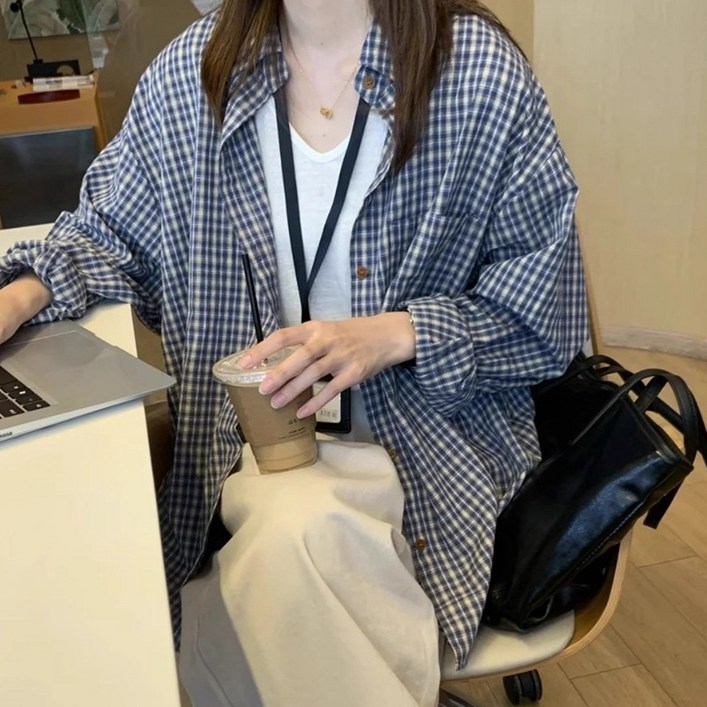 치유쿠 여성용 체크 셔츠 롱슬리브 슬림핏 봄가을 오피스 캐주얼 블라우스