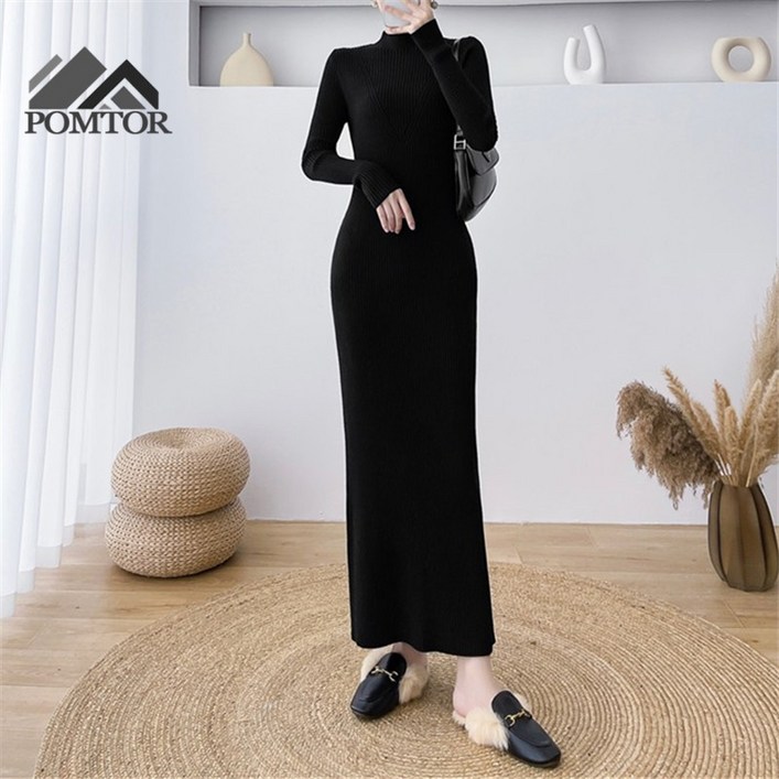 POMTOR 반폴라 긴팔 힙업 여성 니트 원피스