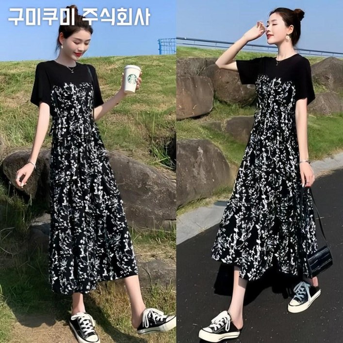 90kg까지 여름 신상 추천 플라워 쉬폰 롱 원피스 날씬해보이는 특가상품 고품질 여성 루즈핏 반팔 라운드 예쁜 단아한 매력 휴양지 바캉스 여행 해변 패션 a라인 플레어 치마 스커트