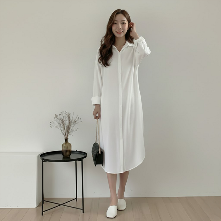 데일로엔 여성용 데일리 심플 롱 셔츠 원피스