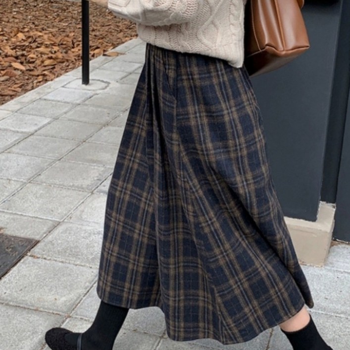 해피유통 여성 가을 겨울 모직 롱 스커트 체크무늬 하이웨이스트 루즈핏 캐주얼룩 gjy