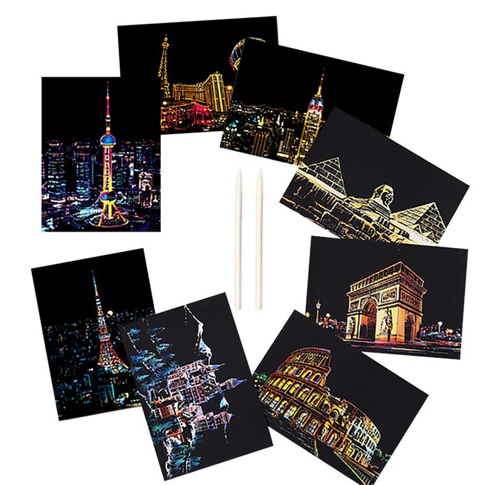 로모주 야경 스크래치북 엽서 카드 DIY 컬러링북 카드 8p  우드스틱 2p 세트, 모던 시티 야경, 고대 건축물카드, 1세트