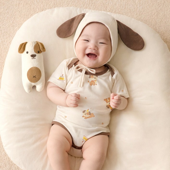 ikii 신생아용 바디수트 반소매 + 모자 + 인형 세트