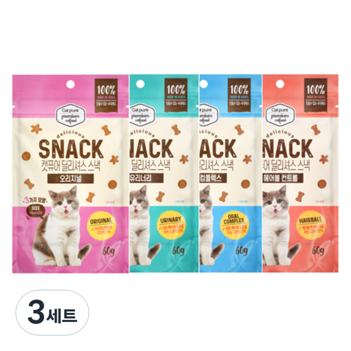캣퓨어 고양이 딜리셔스 스낵 4종 세트, 3세트, 혼합맛(닭고기/참치)