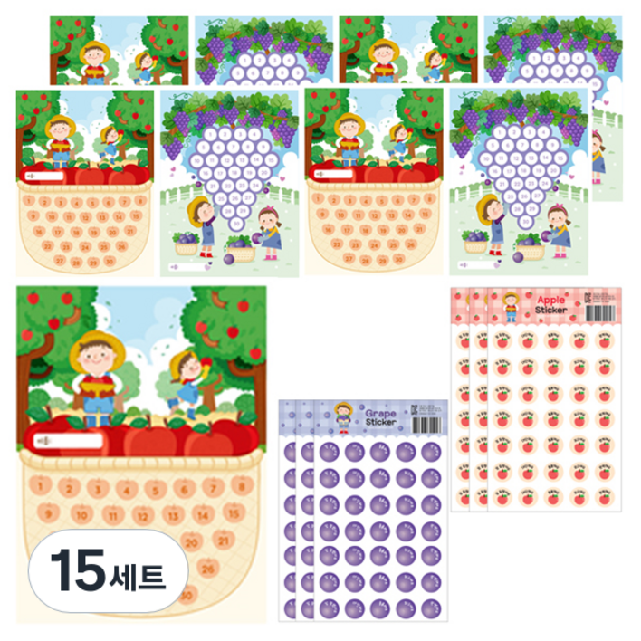 슈퍼쌤 양면 칭찬 사과 포도 스티커판 9p+ 사과 스티커 3p + 포도 스티커 3p 세트, 혼합색상, 15세트