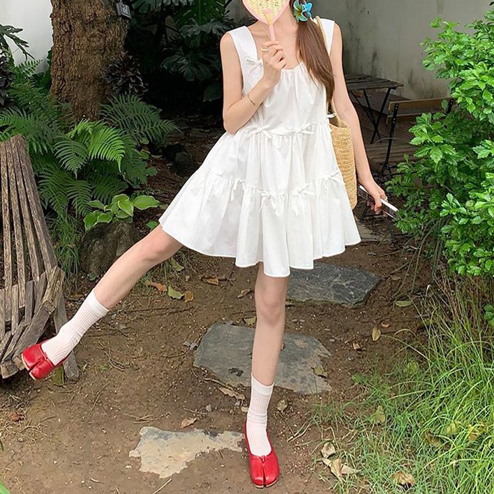 더시럽 여성용 리본 보타이 캉캉 나시 미니 원피스