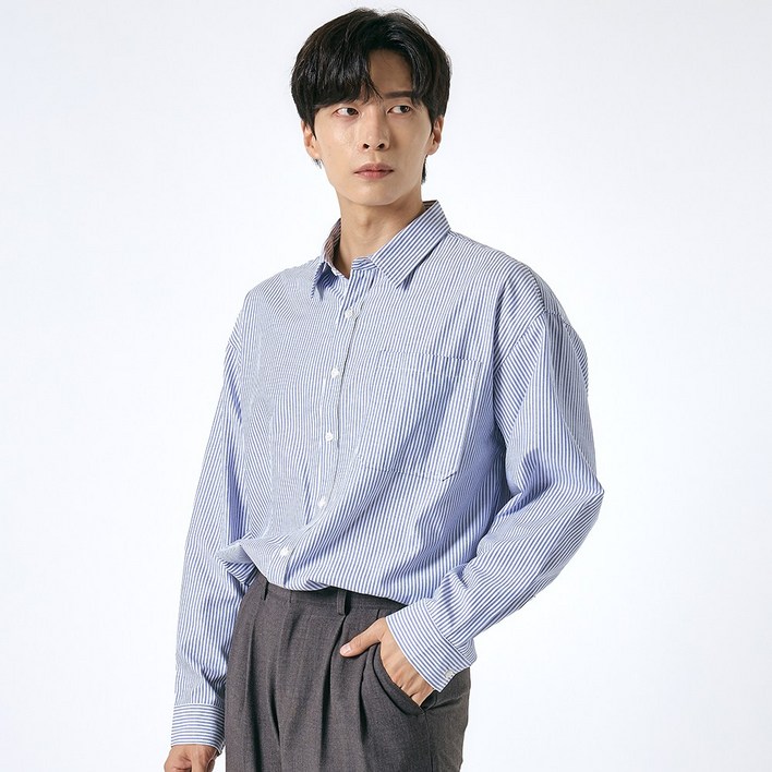 엘엑스티 남성용 오버핏 옥스포드 스트라이프 면 혼방 포켓 긴소매 셔츠 엘엑스티 남성용 오버핏 옥스포드 스트라이프 면 혼방 포켓 긴소매 셔츠