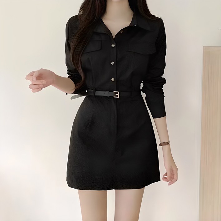 레티고 셔츠 카라 벨트 미니 원피스