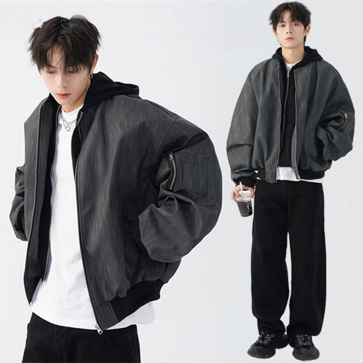 AOUGK 남성 후드 PU 가죽 자켓 오버핏 점퍼 빅사이즈 후드집업 코트 봄가을 아우터