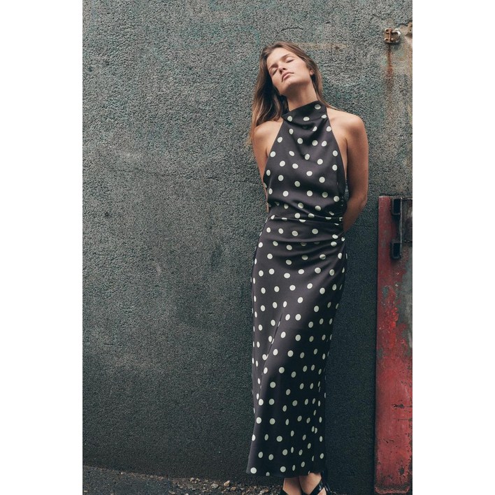 ZARA 도트 새틴 미디 원피스  다크 블루 238885