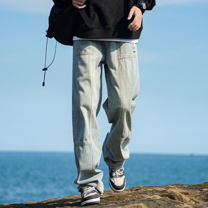 AOKADA 남성 세미 와이드 데님 팬츠 봄 가을 오버핏 통청바지