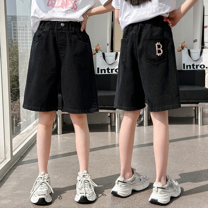 슈가푸딩 주니어 와이드 블랙데님팬츠 초등학생 중학생 흑청바지  흑청반바지 블랙진 와이드흑청반바지 외출복 데일리룩 여아신상