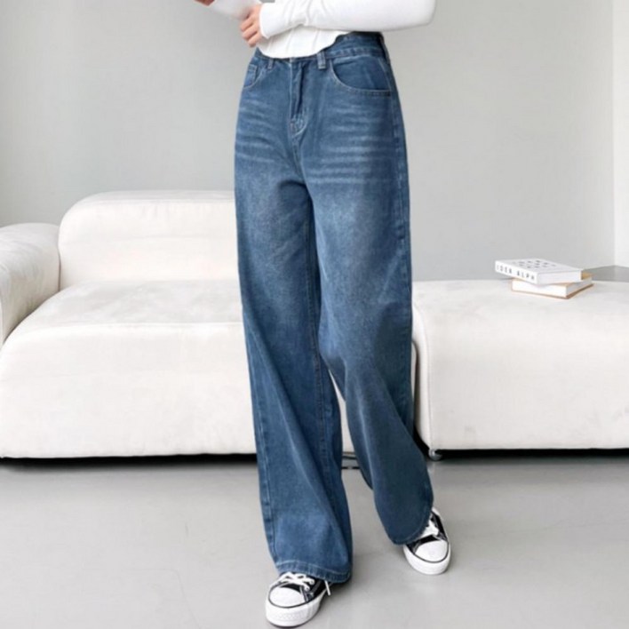 여성 워싱 세미와이드 데님팬츠 캐주얼