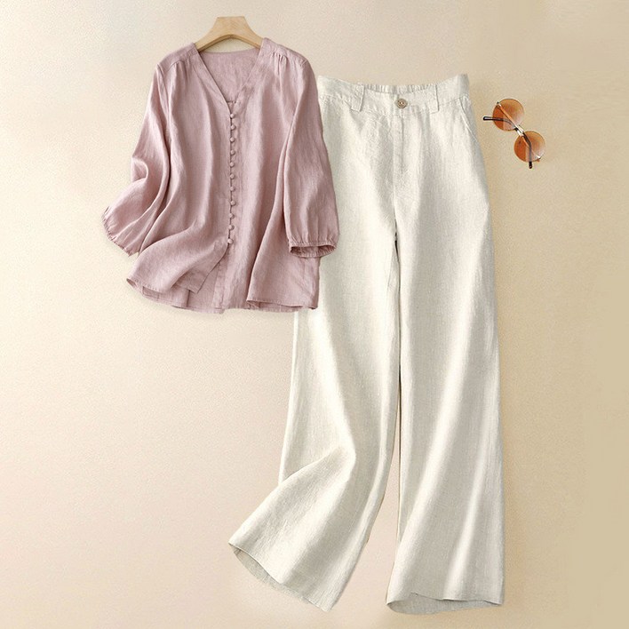 제이엠지아 여성 편안한 면마 상하세트 심플하고 시원한 면마셋업