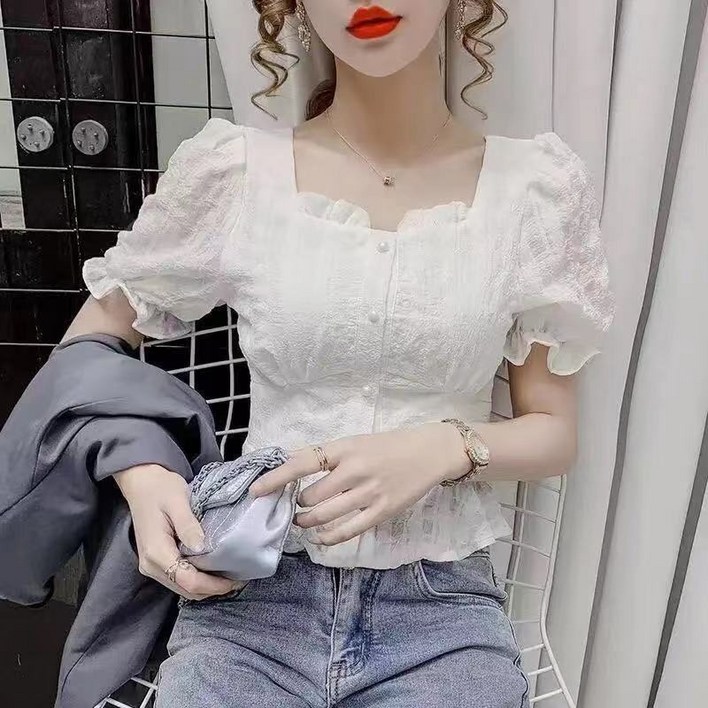 JIEVE 여자 여름  반팔 프릴 상의 디자인 스퀘어넥 슬림 허리 조임시폰 셔츠 SZ051048