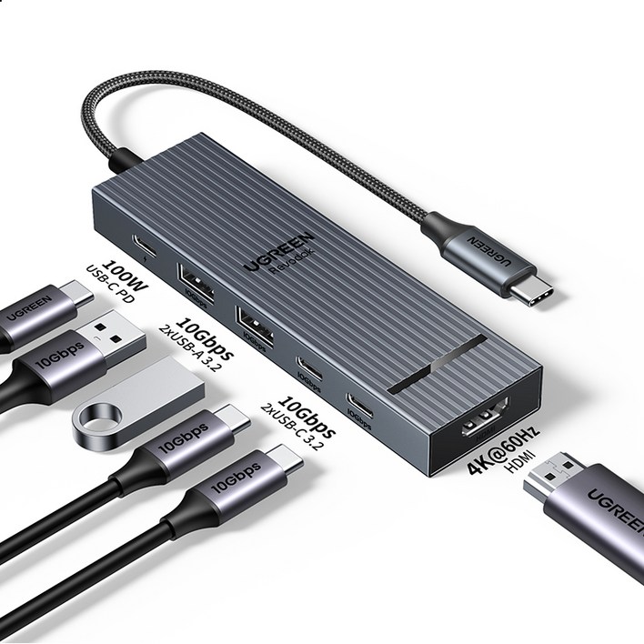 UGREEN 유그린 10Gbps USB 3.2 Gen2 C타입 멀티 허브  4K@60Hz 디스플레이 지원 6 in 1 USB-C 어댑터 고속 전송 지원