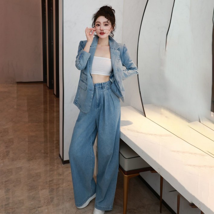 COSYEVNO 데님 정장 세트 여성 봄가을 패션 빅사이즈 루즈핏 청코트와이드 청바지 캐주얼 투피스