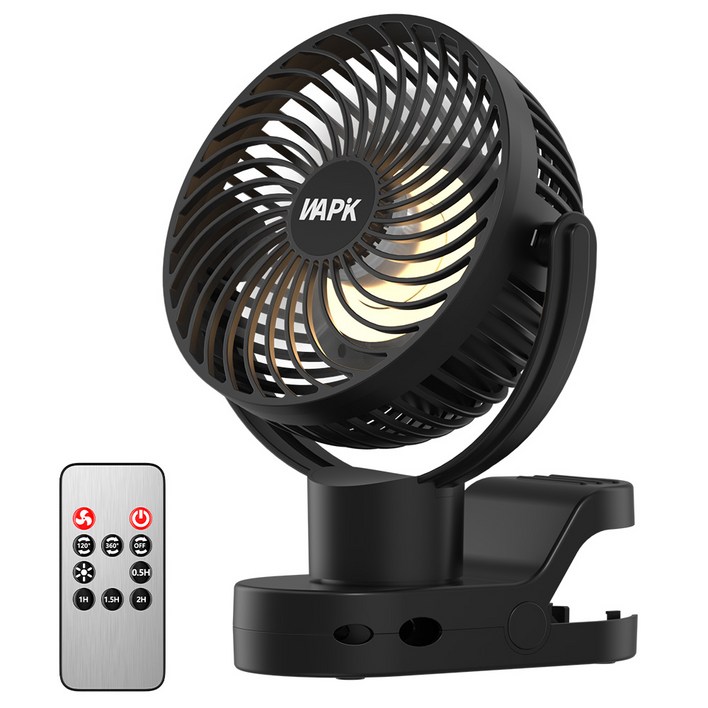 와피크 집게형 미니 무선 선풍기 F8 Pro USB충전식 탁상용 자동회전 무드등 유모차, 블랙
