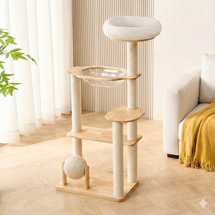 아그다 햇살 감성 가득 우주선 원목 내추럴 3단 캣타워, 1개, 베이지