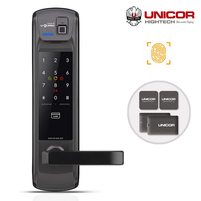 [무료설치] 유니코 레체2 지문인식+카드키4개+번호키 즉시잠김 잠김속도조절기능 이중인증[선택가능] 내/외부강제잠금 지문인증100개 복수비밀번호 마스터번호[카드] 현관문 디지털도어락, 유니코 레체2, 방문설치