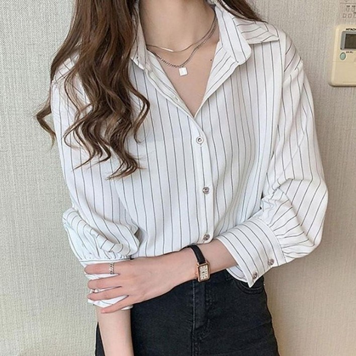 여성 스트라이프 긴팔 셔츠 캐주얼셔츠 인기셔츠 오피스룩셔츠 데일리코디 상의 여성 트렌디셔츠 신상셔츠