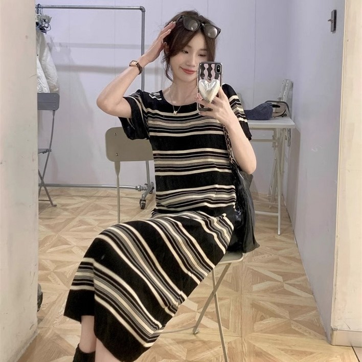 Choyur여성 여름 가을 봄 스트레치 스트라이프 니트 원피스 몸에 맞는 편안한 스타일fxx