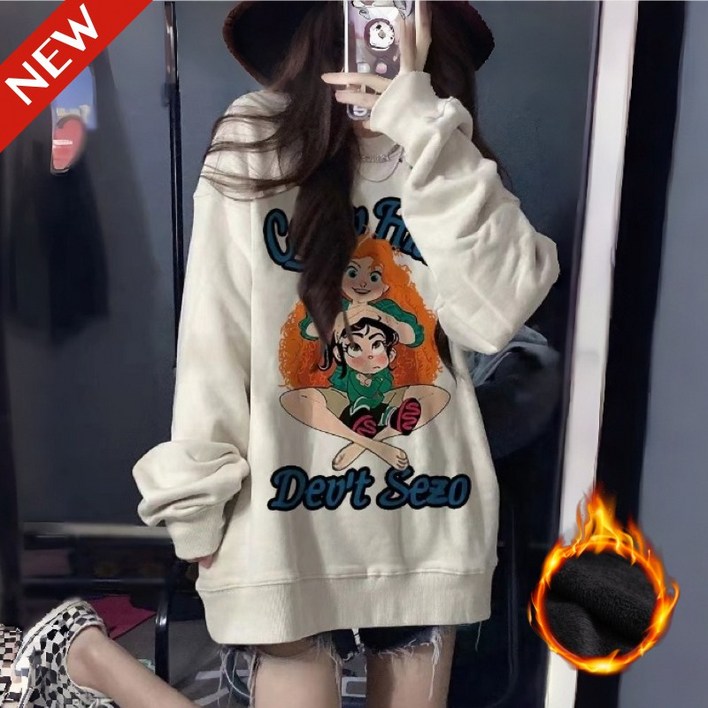 대박난 80kg까지 빅사이즈 여성 순면 시카고 빈티지 프린팅 맨투맨 티셔츠 가을 겨울 신상 편한 기모 보온 아카데미 디자인 귀여운 캐릭터 라운드 상의 스트릿 패션 맨투맨티