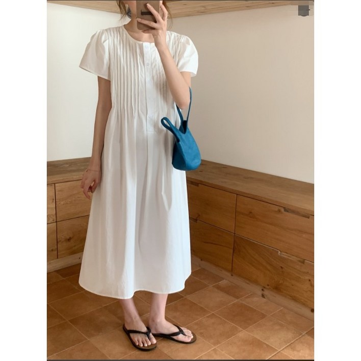 레이디 매직lady magic 여성 프렌치 라운드넥 셔링 셔츠형 반팔 롱 원피스