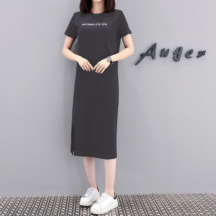 베씨 여성 빅사이즈 ETE2019 반팔 옆트임 롱원피스 티셔츠 여자