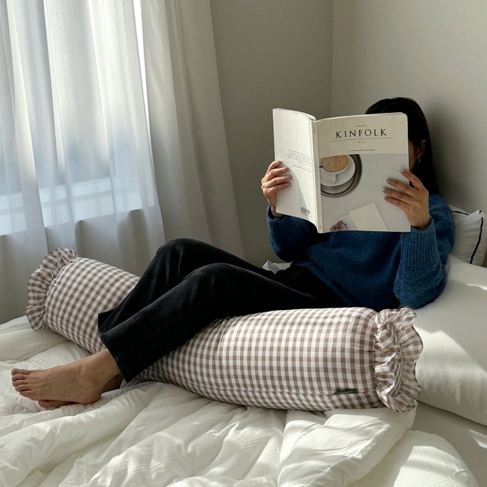 안고자는 베개 대형 원통 체크 바디 필로우 긴 롱 쿠션솜포함, 베이지
