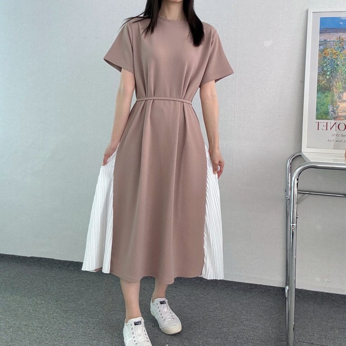 [허리끈 포함] 사이드 플리츠 반팔 롱 원피스