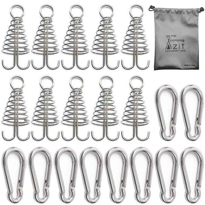 캠핑 아지트 탄소강(CARBON STEEL) 강철 비너 6호 10P + 스프링 오징어 데크팩 10P + 방수 주머니, 1개